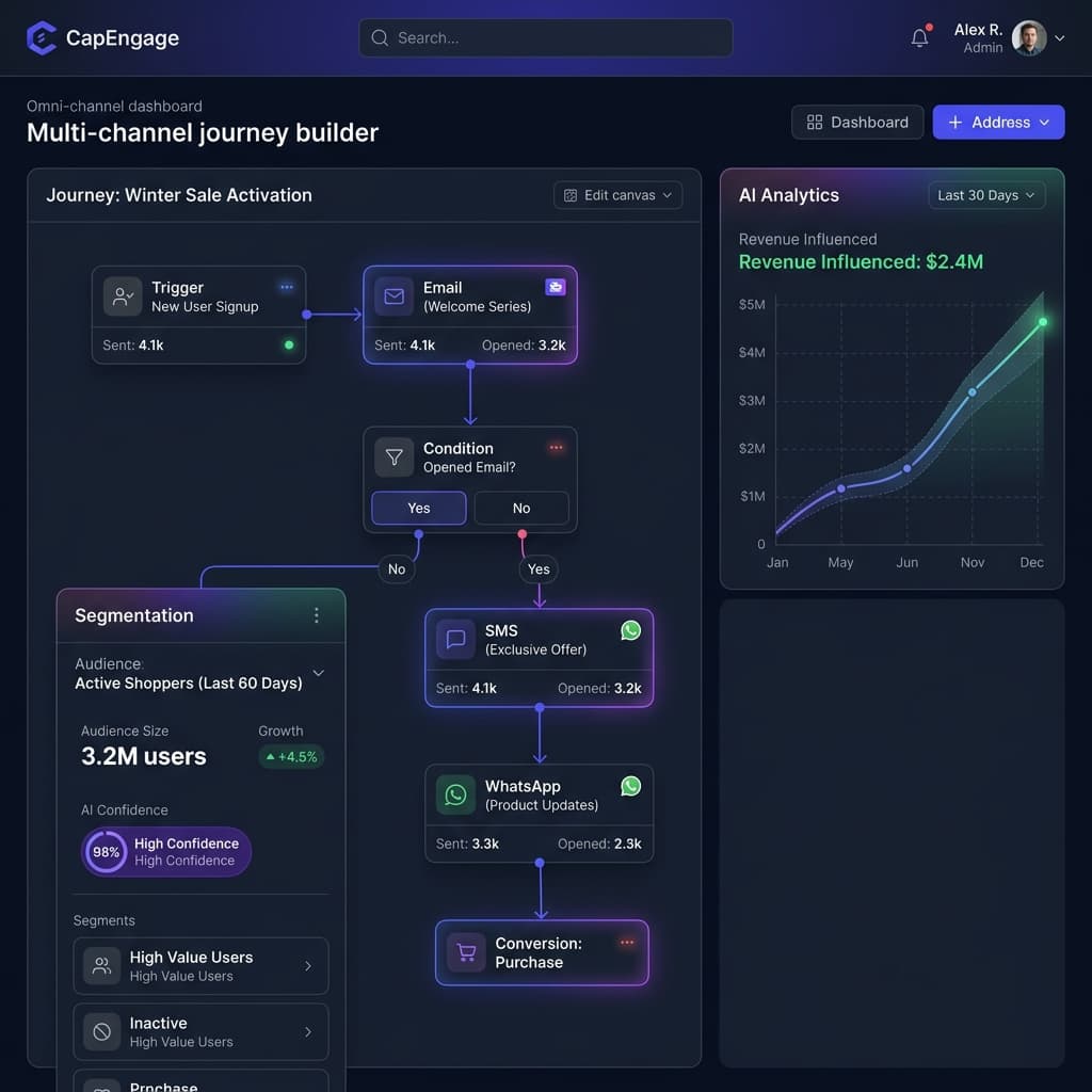 CapEngage platform — AI-powered journey builder and analytics dashboard
